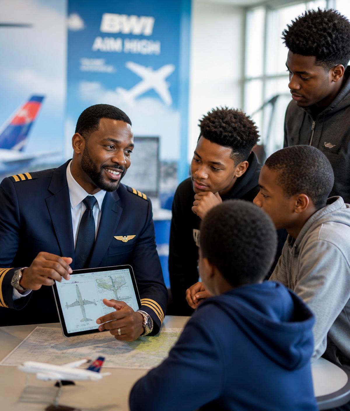 Black pilot mentor sharing aviation pathways with students